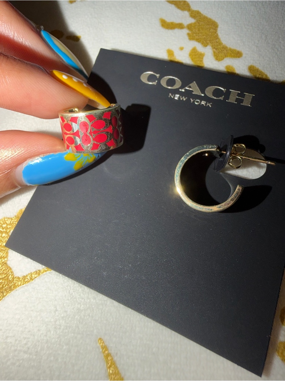COACH Brass Red Signature Enamel Huggie Earrings - Picture 1 of 7